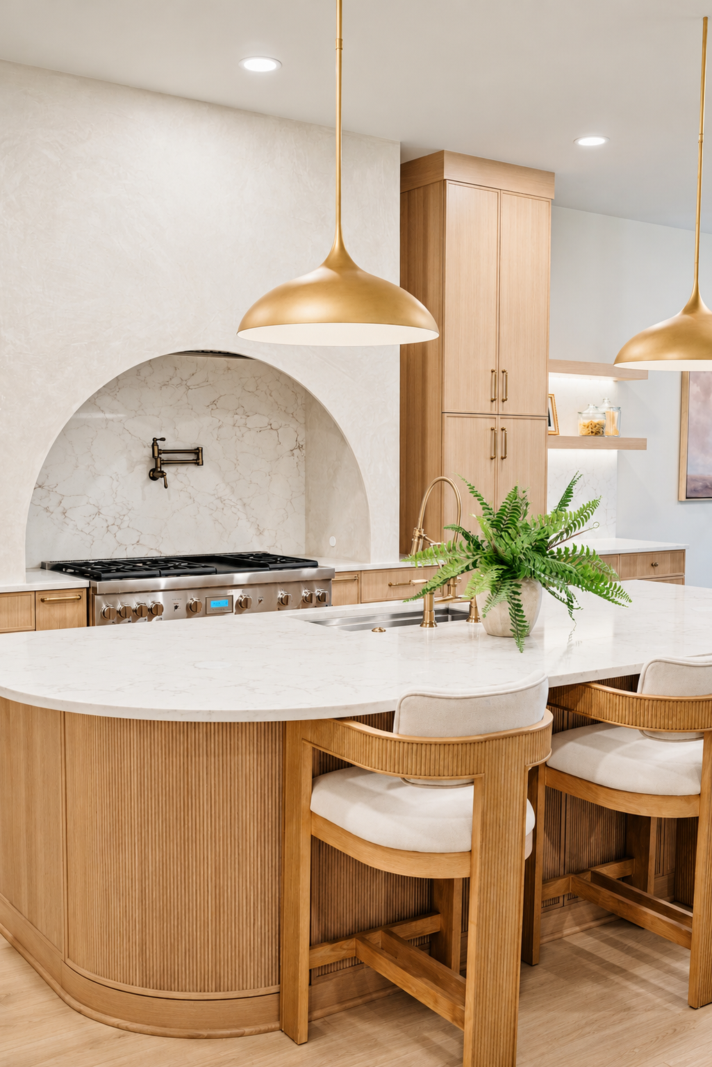 The kitchen: marble island, oak cabinetry and brass pendants